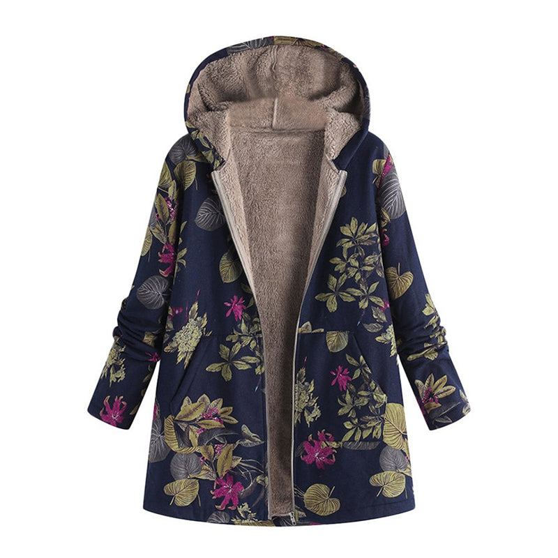 Women's Vintage Leaf Print Hooded Coat