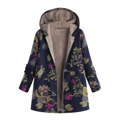 Women's Vintage Leaf Print Hooded Coat