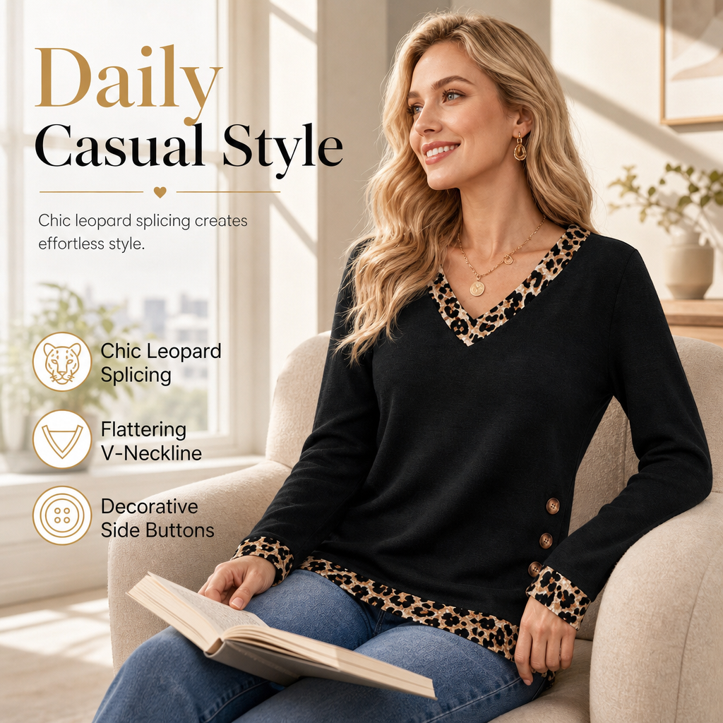 ✨Women's V-Neck Leopard Trim Knit Top🐆Elegant Contrast Detail Long Sleeve Sweater