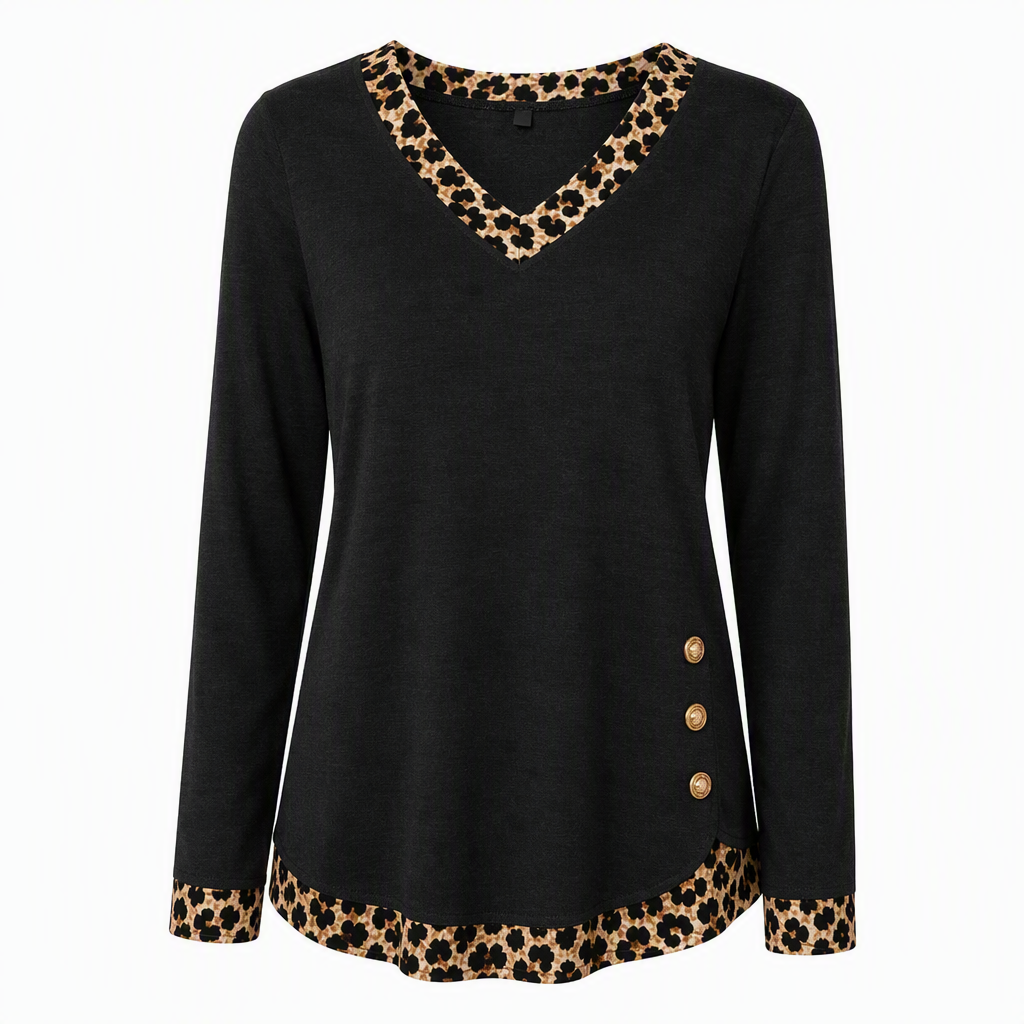 ✨Women's V-Neck Leopard Trim Knit Top🐆Elegant Contrast Detail Long Sleeve Sweater