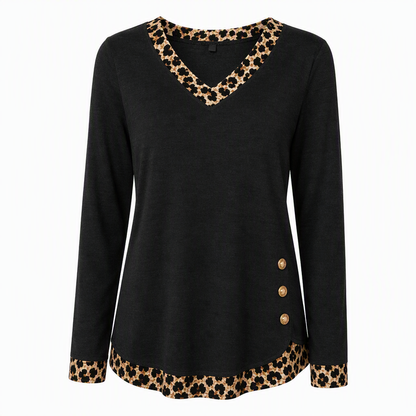 ✨Women's V-Neck Leopard Trim Knit Top🐆Elegant Contrast Detail Long Sleeve Sweater