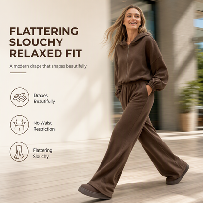 Women's Casual Soft Knit Two-Piece Lounge Set with Hooded Zip-Up Sweatshirt and Wide-Leg Pants