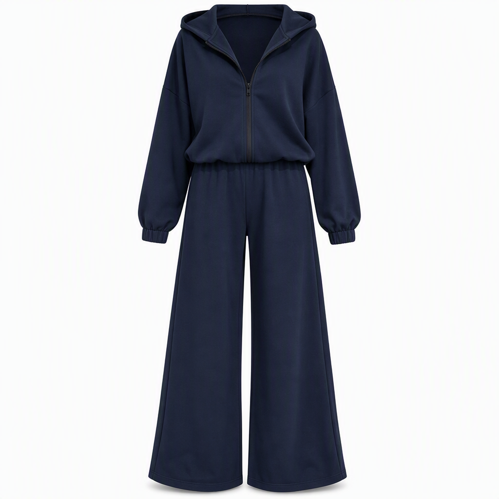 Women's Casual Soft Knit Two-Piece Lounge Set with Hooded Zip-Up Sweatshirt and Wide-Leg Pants