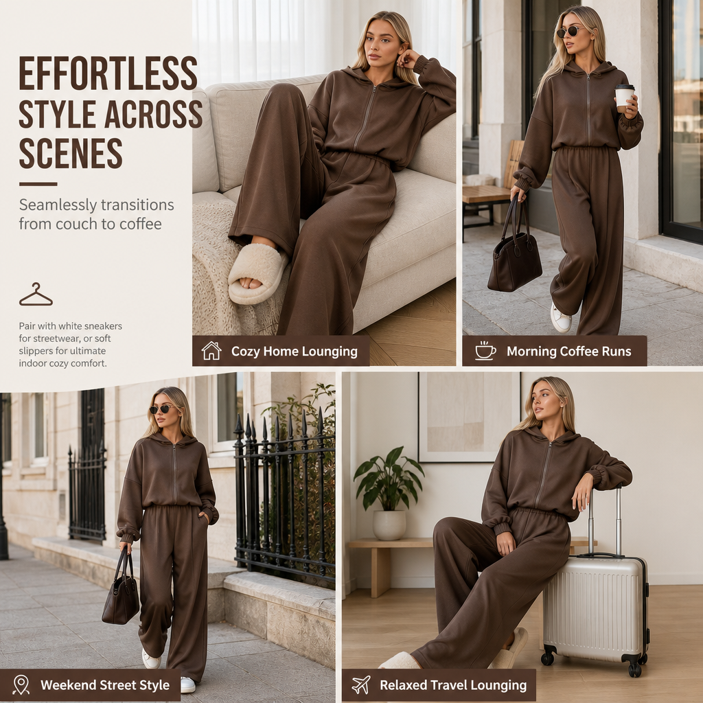Women's Casual Soft Knit Two-Piece Lounge Set with Hooded Zip-Up Sweatshirt and Wide-Leg Pants