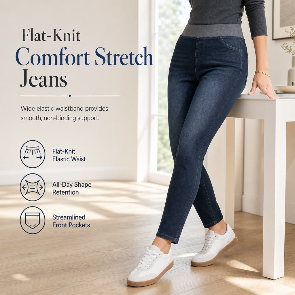 🤠Women's High-Rise Pull-On Slim Fit Dark Wash Denim Jeans with Wide Elastic Waistband
