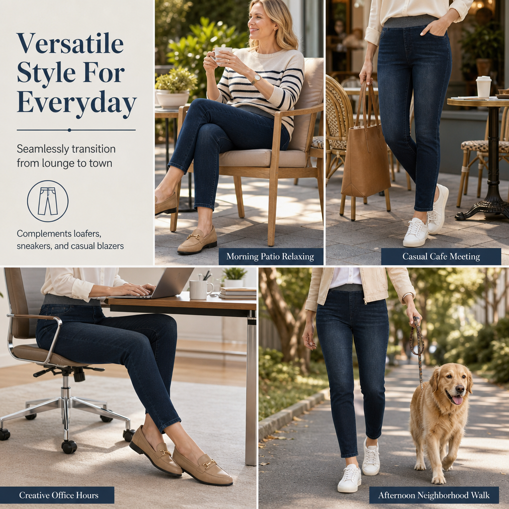 🤠Women's High-Rise Pull-On Slim Fit Dark Wash Denim Jeans with Wide Elastic Waistband