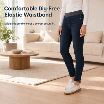 🤠Women's High-Rise Pull-On Slim Fit Dark Wash Denim Jeans with Wide Elastic Waistband