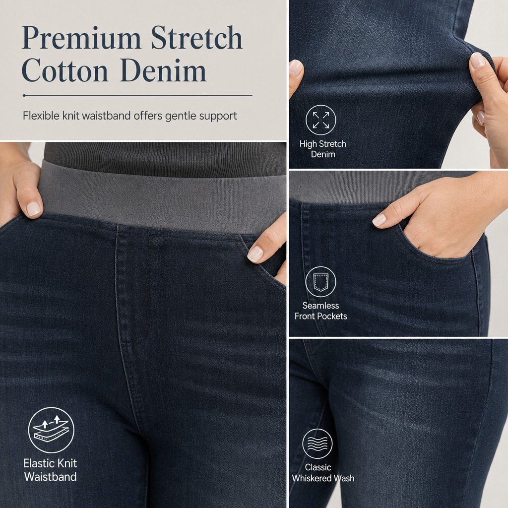 🤠Women's High-Rise Pull-On Slim Fit Dark Wash Denim Jeans with Wide Elastic Waistband