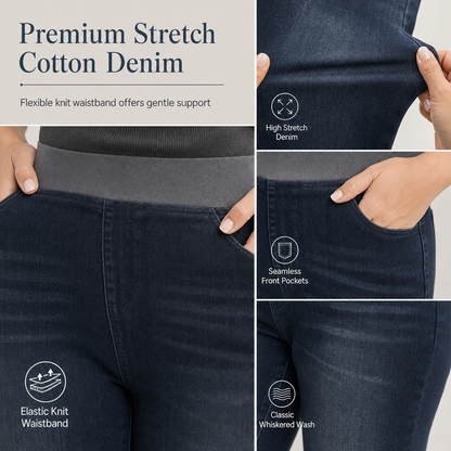 🤠Women's High-Rise Pull-On Slim Fit Dark Wash Denim Jeans with Wide Elastic Waistband