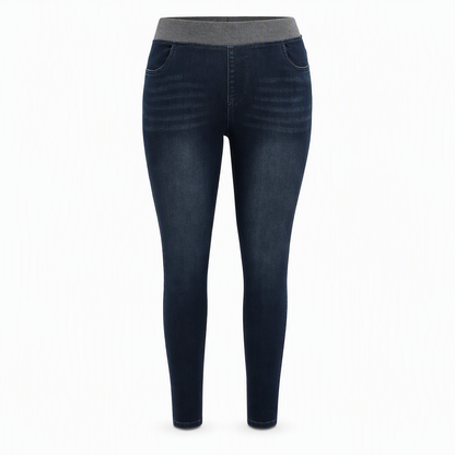 🤠Women's High-Rise Pull-On Slim Fit Dark Wash Denim Jeans with Wide Elastic Waistband