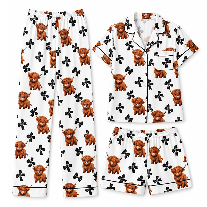 🐮Cute Highland Cow Print, 3-Piece Fun Pajama Set – Cozy Lounge & Sleepwear ✨