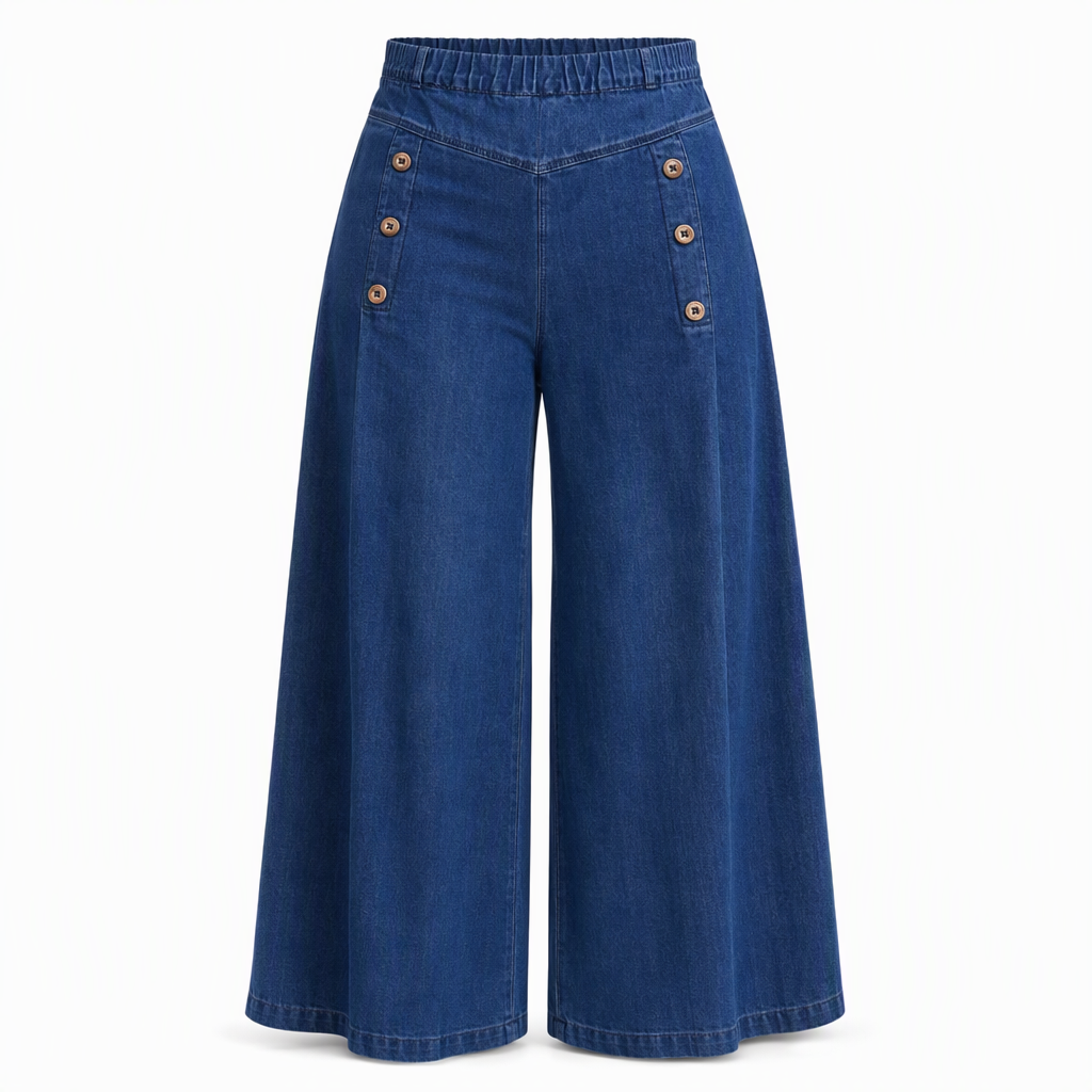 High Waisted Wide Leg Stretch Denim Jeans with Decorative Buttons