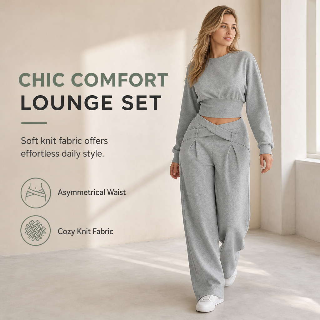 Casual Sporty Autumn Winter Long Sleeve T-Shirt and Loose Cross Waist Wide Leg Pants Two Piece Set