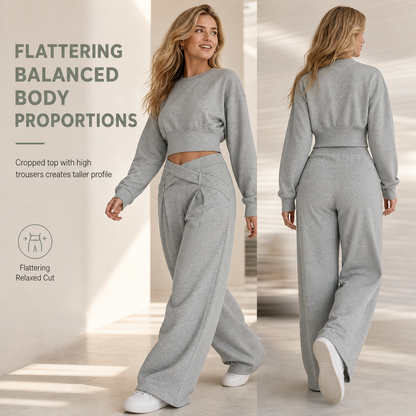 Casual Sporty Autumn Winter Long Sleeve T-Shirt and Loose Cross Waist Wide Leg Pants Two Piece Set