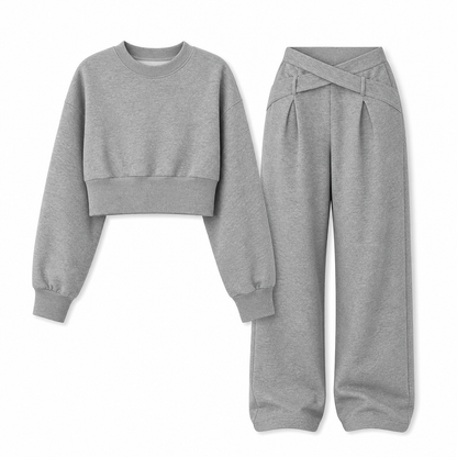 Casual Sporty Autumn Winter Long Sleeve T-Shirt and Loose Cross Waist Wide Leg Pants Two Piece Set