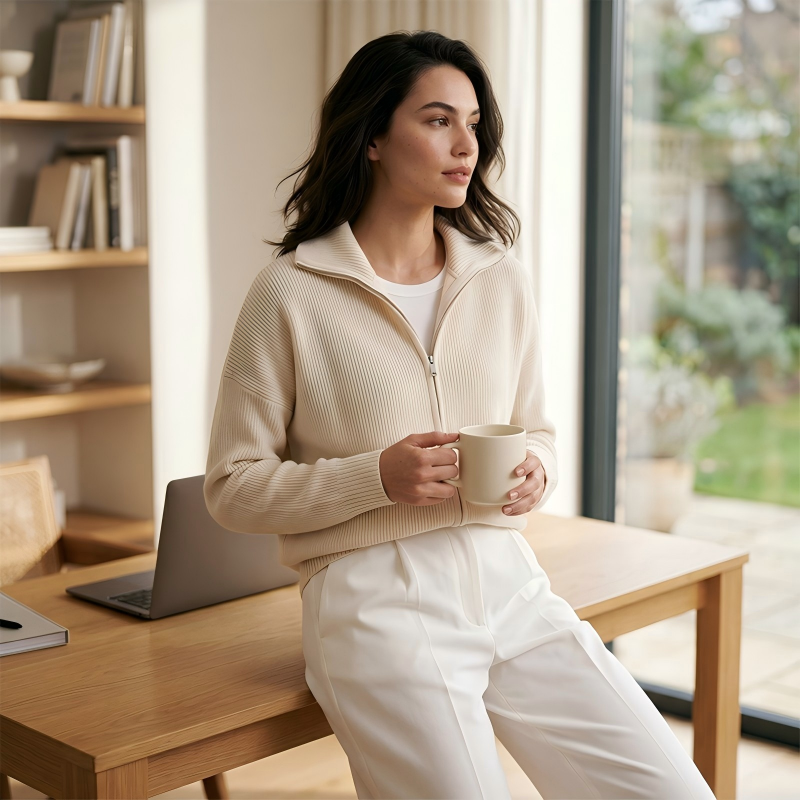 Women's Ribbed Knit Zip-Up Cardigan