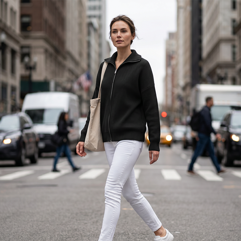 Women's Ribbed Knit Zip-Up Cardigan