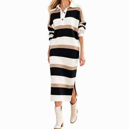 💖Women's Striped Collared Knit Sweater Dress