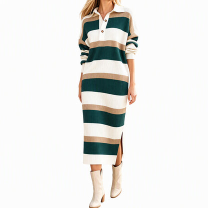 💖Women's Striped Collared Knit Sweater Dress