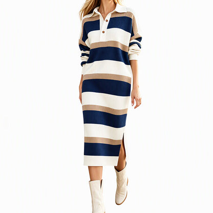 💖Women's Striped Collared Knit Sweater Dress