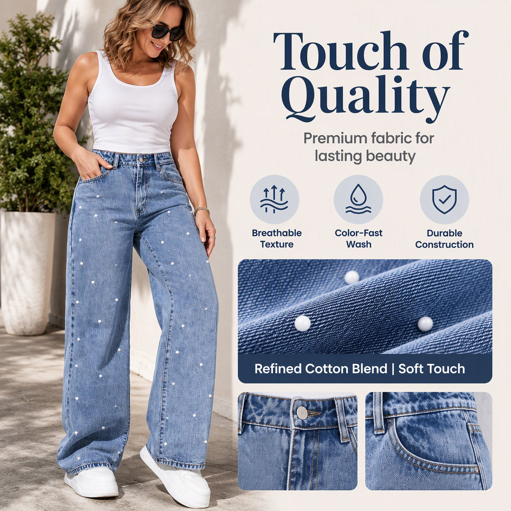 Women's Pearl Embellished Wide-Leg Jeans