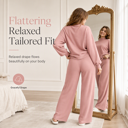 Women's Casual Two-Piece Knit Lounge Set with Mock Neck Long Sleeve Sweatshirt and High-Waisted Wide-Leg Pants
