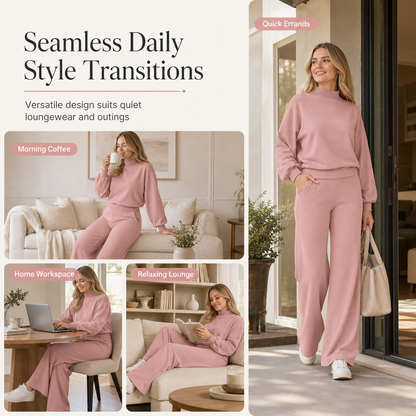 Women's Casual Two-Piece Knit Lounge Set with Mock Neck Long Sleeve Sweatshirt and High-Waisted Wide-Leg Pants