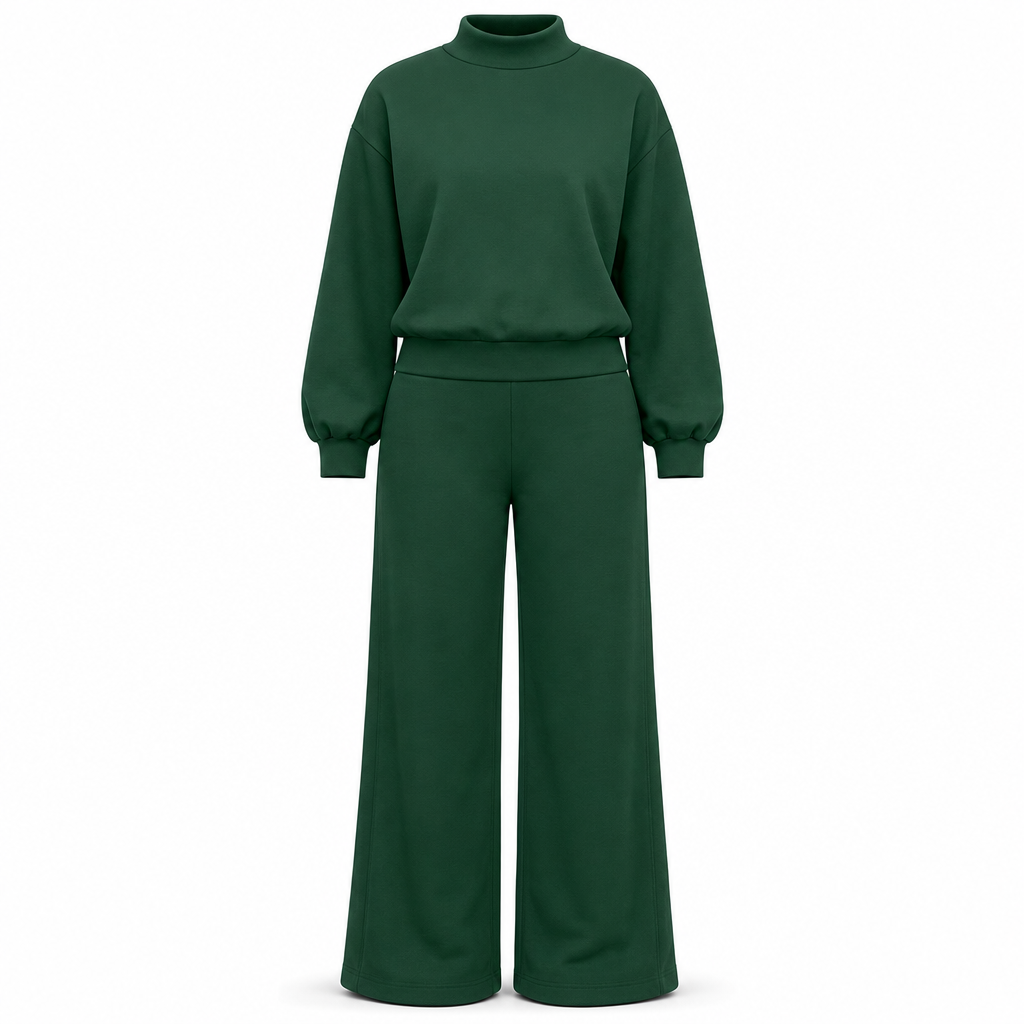 Women's Casual Two-Piece Knit Lounge Set with Mock Neck Long Sleeve Sweatshirt and High-Waisted Wide-Leg Pants