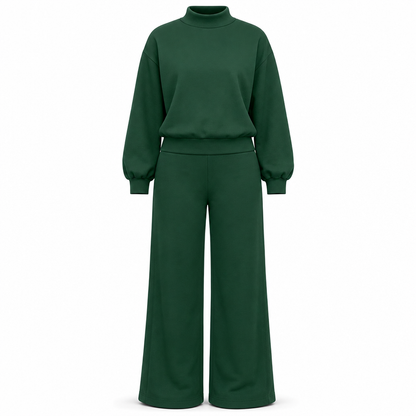 Women's Casual Two-Piece Knit Lounge Set with Mock Neck Long Sleeve Sweatshirt and High-Waisted Wide-Leg Pants