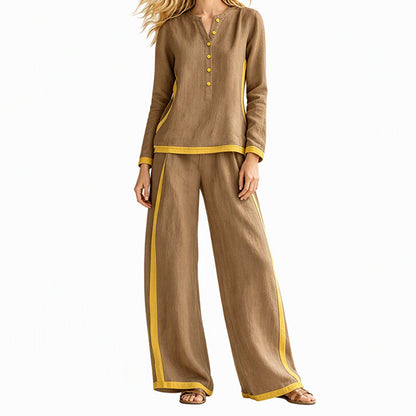 👖 Women's Colorblock Long Sleeve Top & Wide-Leg Pants Set