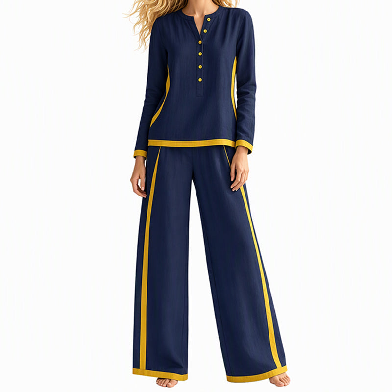 👖 Women's Colorblock Long Sleeve Top & Wide-Leg Pants Set
