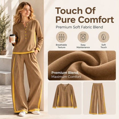 👖 Women's Colorblock Long Sleeve Top & Wide-Leg Pants Set