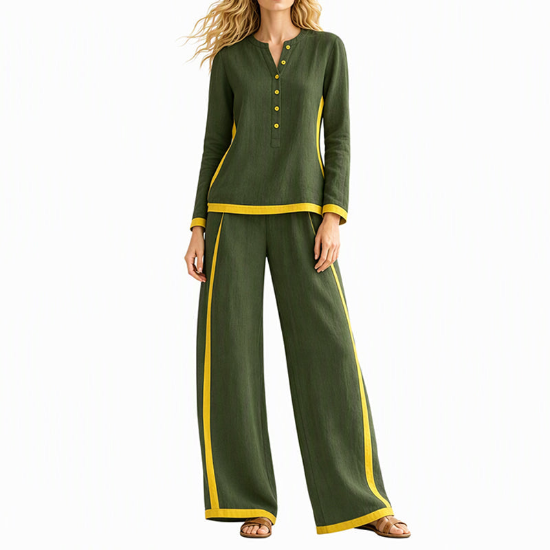 👖 Women's Colorblock Long Sleeve Top & Wide-Leg Pants Set
