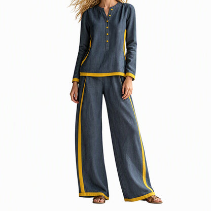 👖 Women's Colorblock Long Sleeve Top & Wide-Leg Pants Set
