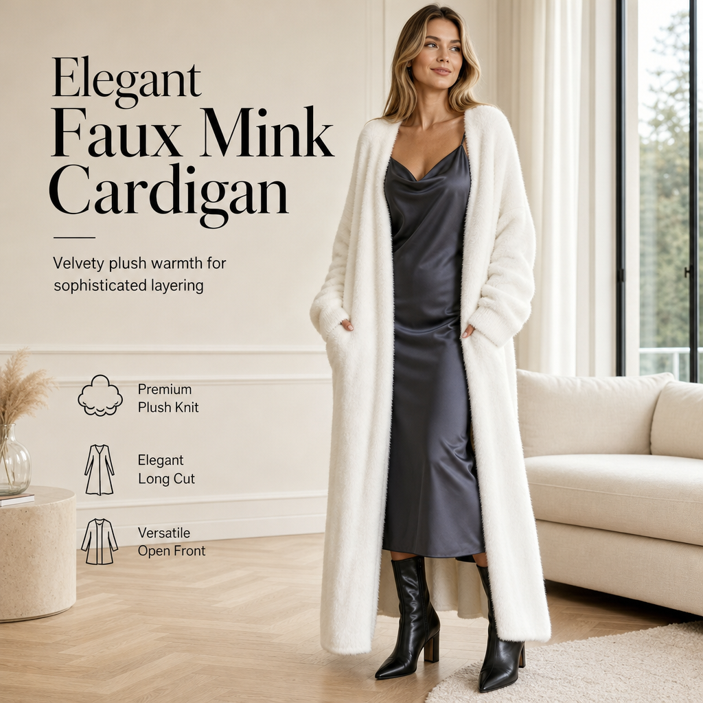 💖 🧸Women's Faux Mink Fleece Long Cardigan Sweater Fluffy Oversized Knit Coat for Autumn and Winter