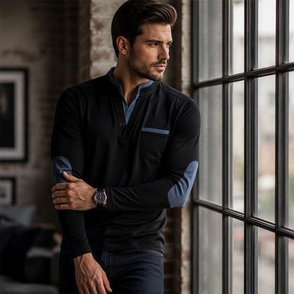 Men's Stand Collar Long Sleeve Shirt Spliced Casual Pullover Top