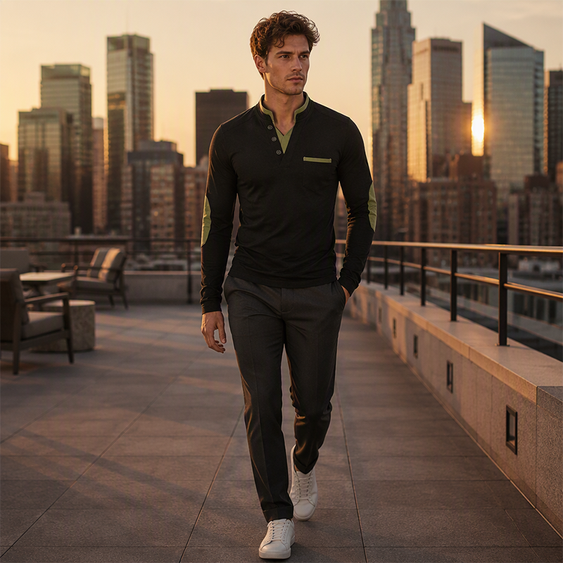 Men's Stand Collar Long Sleeve Shirt Spliced Casual Pullover Top
