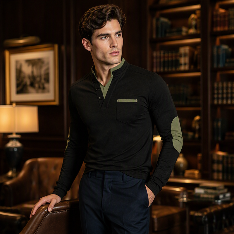 Men's Stand Collar Long Sleeve Shirt Spliced Casual Pullover Top