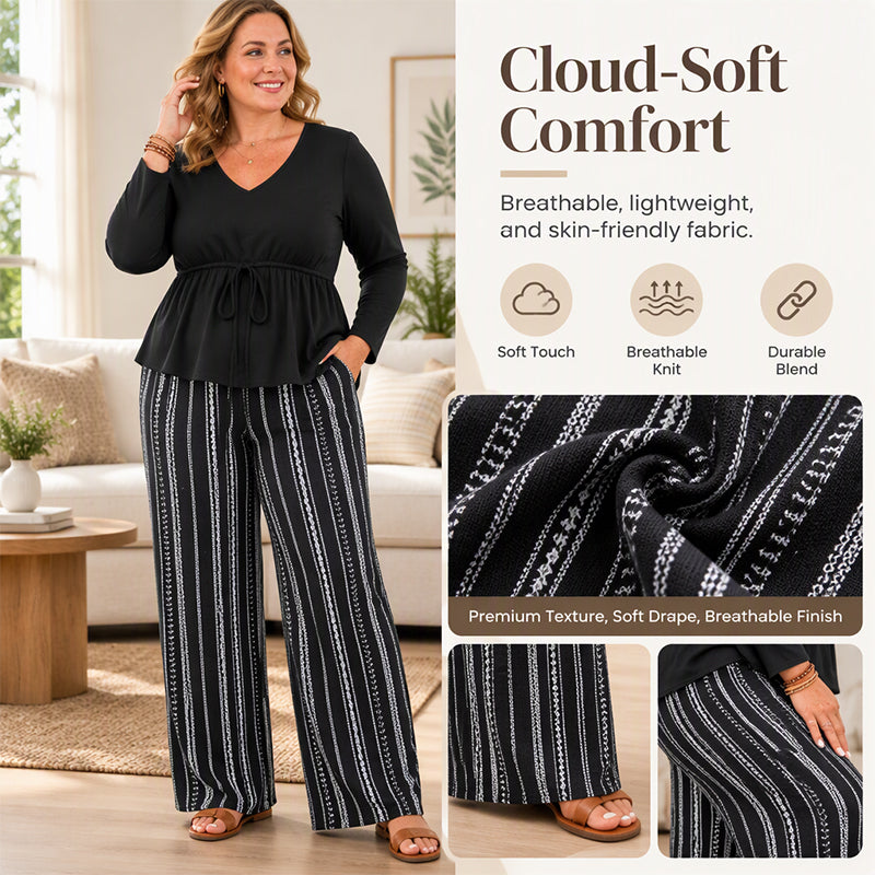 Women's V-Neck Peplum Top and Striped Pants Set
