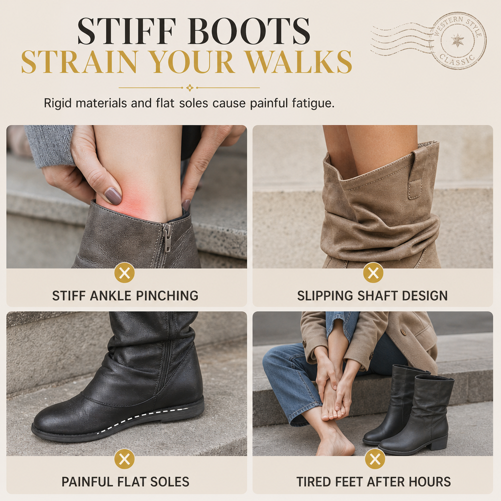 Women's Knee High Western Boots Vintage Chunky Block Heel Slouchy Riding Boots with Side Zipper and Buckle Round Toe