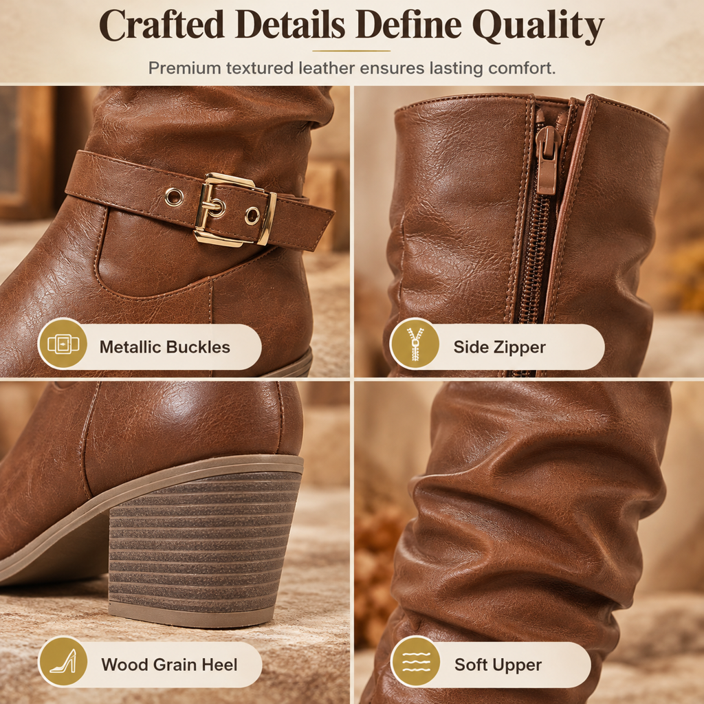 Women's Knee High Western Boots Vintage Chunky Block Heel Slouchy Riding Boots with Side Zipper and Buckle Round Toe
