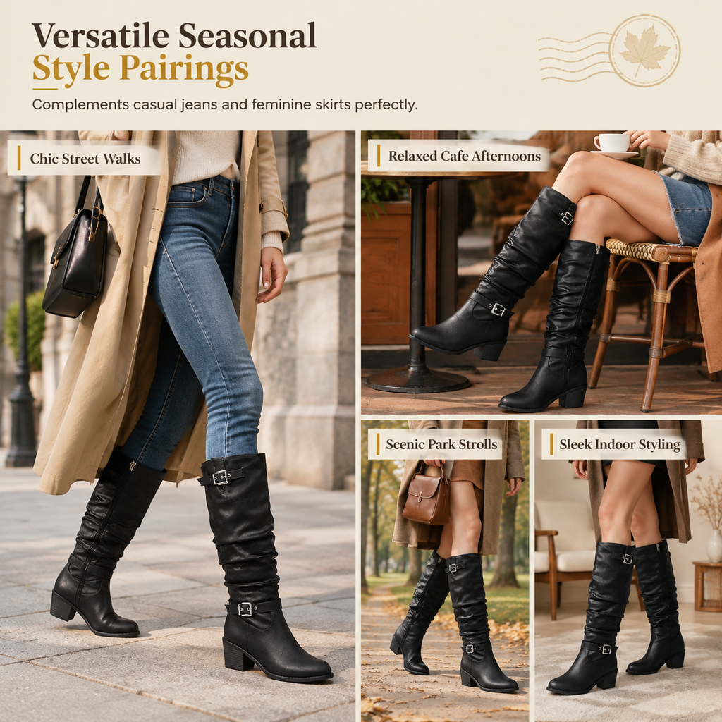 Women's Knee High Western Boots Vintage Chunky Block Heel Slouchy Riding Boots with Side Zipper and Buckle Round Toe
