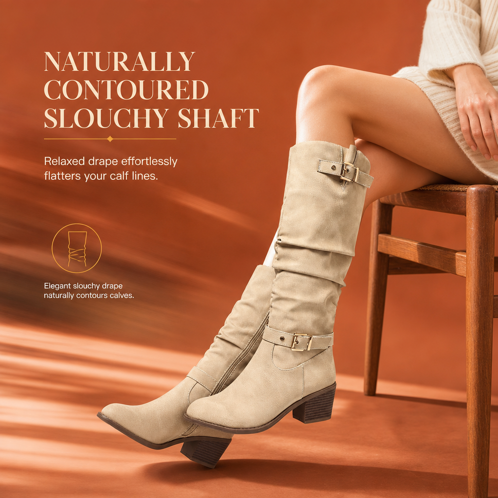 Women's Knee High Western Boots Vintage Chunky Block Heel Slouchy Riding Boots with Side Zipper and Buckle Round Toe