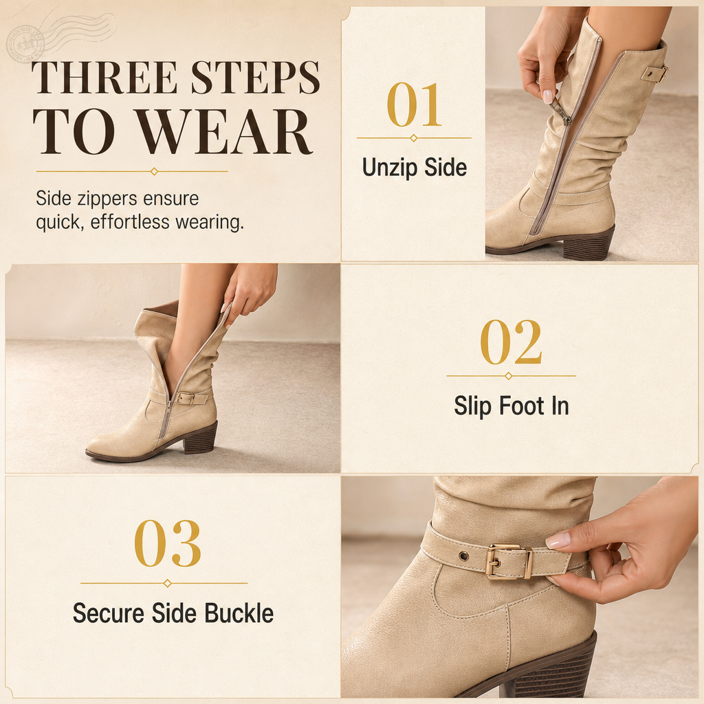 Women's Knee High Western Boots Vintage Chunky Block Heel Slouchy Riding Boots with Side Zipper and Buckle Round Toe