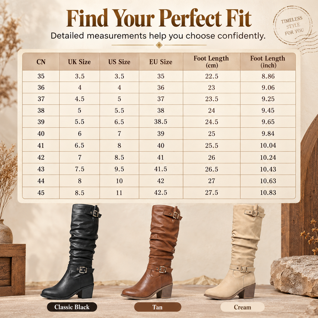 Women's Knee High Western Boots Vintage Chunky Block Heel Slouchy Riding Boots with Side Zipper and Buckle Round Toe