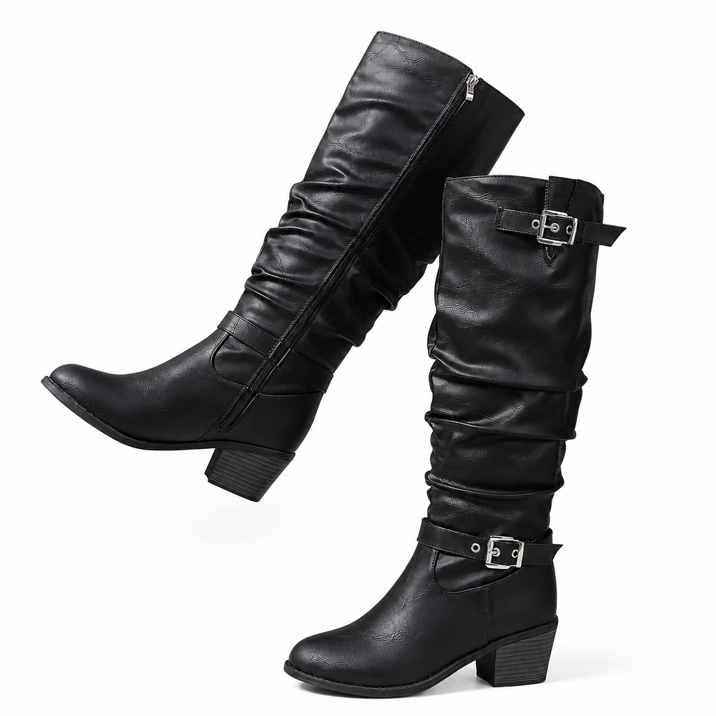 Women's Knee High Western Boots Vintage Chunky Block Heel Slouchy Riding Boots with Side Zipper and Buckle Round Toe