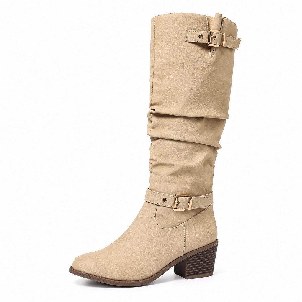 Women's Knee High Western Boots Vintage Chunky Block Heel Slouchy Riding Boots with Side Zipper and Buckle Round Toe