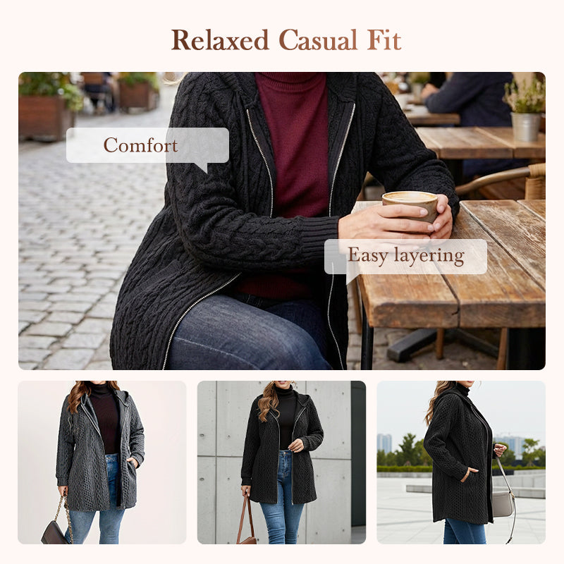 Casual Loose-Fit Cable Knit Hooded Jacket