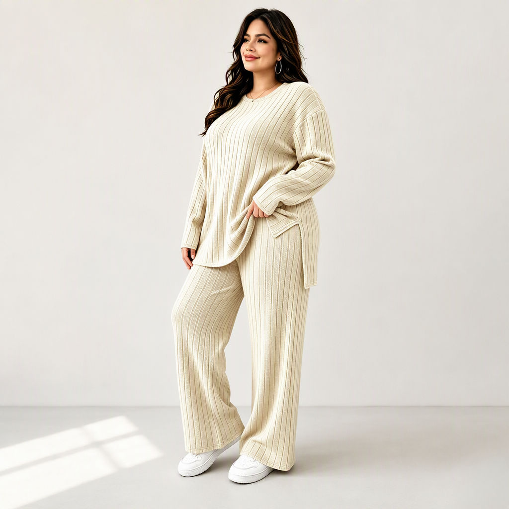 🧶 Women's Ribbed Knit Side-Slit Top & Pants Set ✨ stretch ribbed fabric, elegant side slit, comfy matching set
