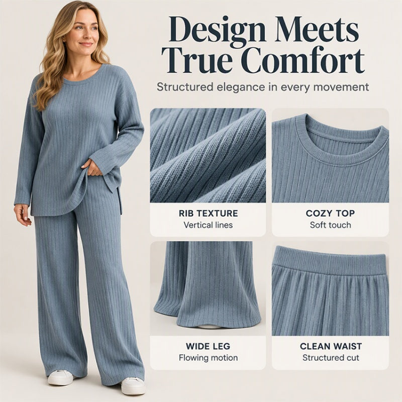 🧶 Women's Ribbed Knit Side-Slit Top & Pants Set ✨ stretch ribbed fabric, elegant side slit, comfy matching set